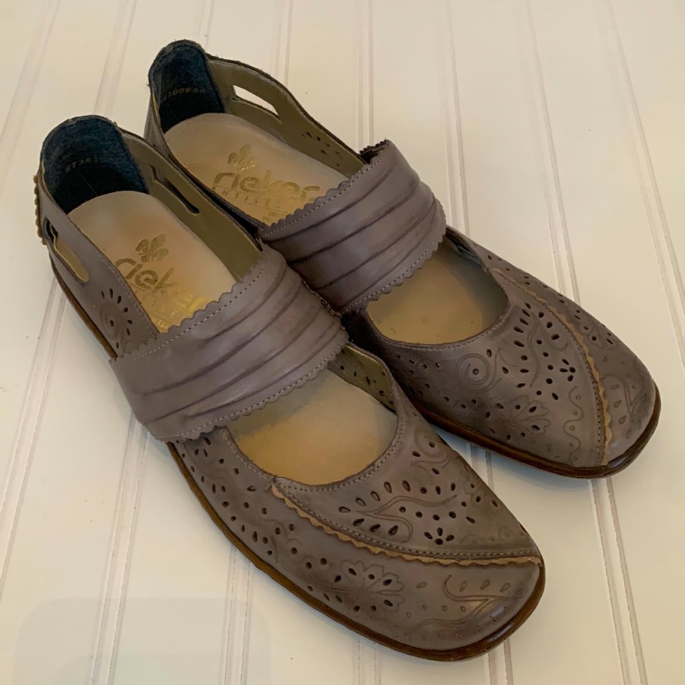 Rieker Womens Taupe Anti-Stress Comfort Slip-On Mary-Jane Heeled Cutout Shoe